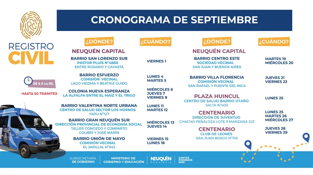 Registro Civil Móvil cronograma Septiembre