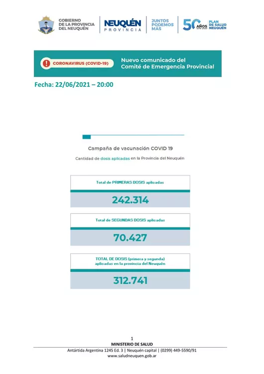 Coronavirus, nuevo comunicado del Comité de Emergencia Provincial 22062021 – 20,00