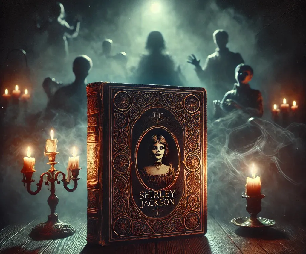 Surrounding the book are shadowy figures and a misty