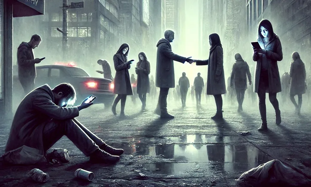 DALL·E 2025-03-01 23.47.21 - A striking digital painting illustrating the end of empathy. A cold, dystopian cityscape where individuals walk past a struggling person without ackno