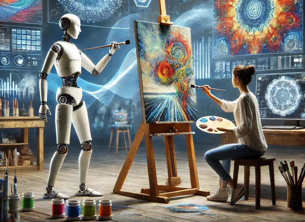 A futuristic digital artwork showcasing a blend of human creativity and artificial intelligence.