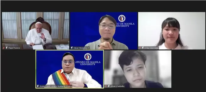 Rivera -abajo a la izquierda- se dirigió al Papa durante un panel de vídeo en línea