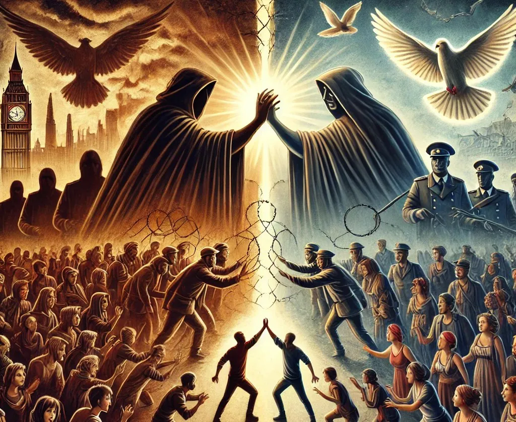 The scene shows two contrasting halves_ on one side, dark, 